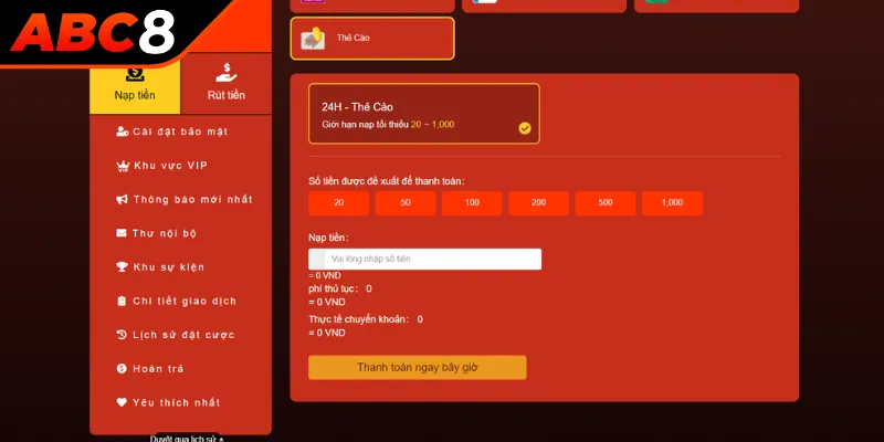 Lưu ý khi nạp tiền ABC8